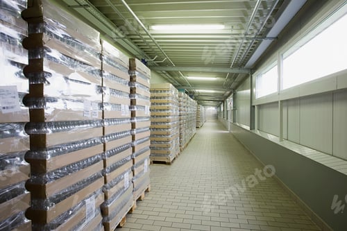 Un largo pasillo en un almacén repleto de palés de mercancías