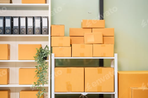 Preview: A parcel box is securely placed on shelf, prepared for shipment. It is labeled ready customers