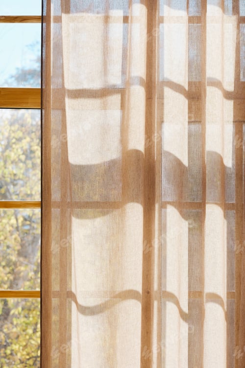Preview: Light filters through sheer curtain with natural window frame and blurry outdoor foliage