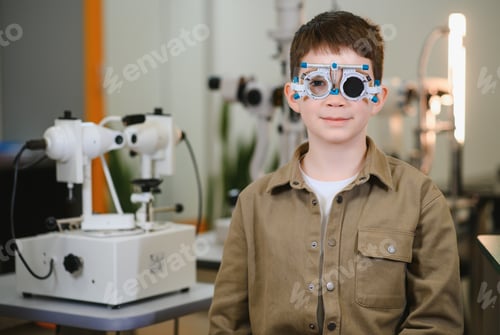 Preview: Boy undergoing eyesight examination using trial frame in ophthalmology clinic