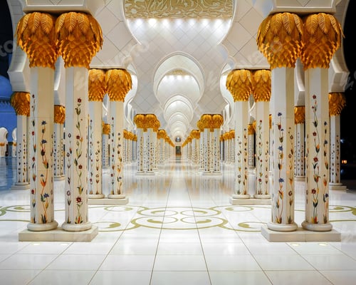 Preview: ABU DHABI, UAE - MAR 19, 2014: Corridor with columns at Mosque, Abu Dhabi, United Arab Emirates.