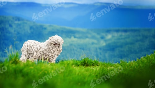 Preview: Happy dog walks in the mountains. Hungarian puli dog.