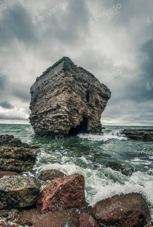 Preview: Beautiful view of ruins in the sea under the cloudy sky in Liepaja, Latvia