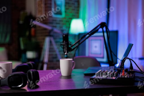Preview: Empty living room prepared to record online podcast show