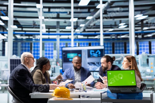 Preview: Factory management in industrial facility looking at data on mockup laptop