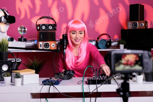 Preview: Influencer with pink hair recording vlog talking with subscribers using professional microphone