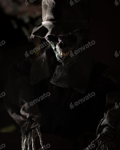 Preview: A vertical shot of a skeleton figurine with hat