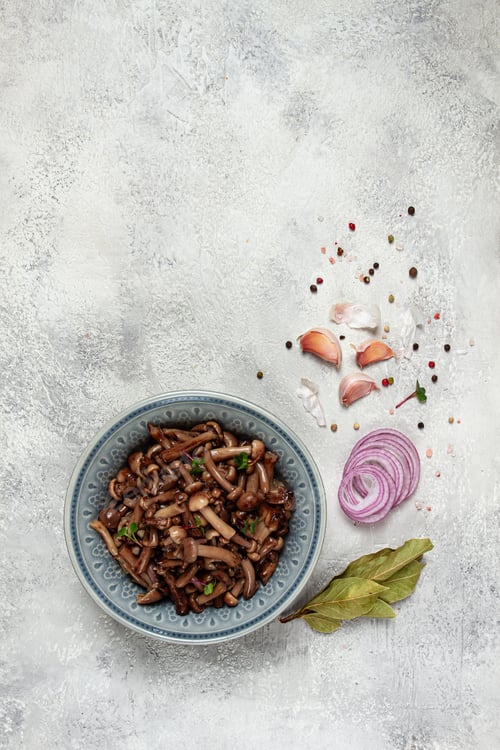 Preview: pickled honey mushrooms, in a bowl, homemade, top view, no people,