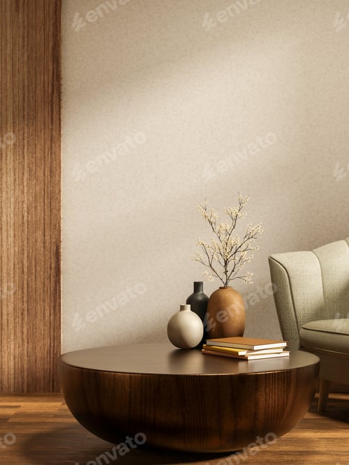 Preview: Books and flower vase on round base table and white sofa couch on wooden floor in modern living room