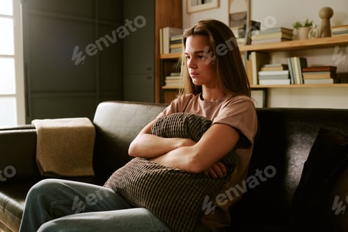 Preview: Young Caucasian Woman Sitting Alone on Sofa Hugging Pillow Feeling Anxious