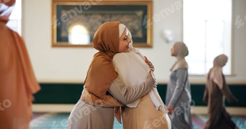 Preview: Muslim women, love or hug in mosque for support, Palestine or gratitude in worship for Allah. Stude