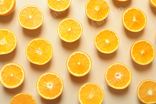 Preview: Flat lay composition with ripe oranges on color background