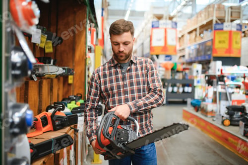 Preview: Worke holds electric saw in tool store