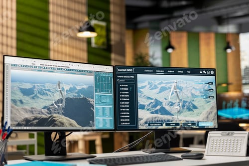 Preview: Advanced wind turbine models displayed on multi monitor PC setup