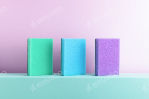 Preview: Colourful foam sponges in a raw standing on decorative podium.