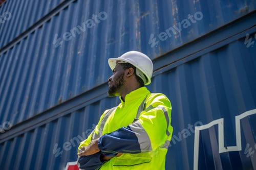 Preview: African American working engineer foreman radio control in port cargo shipping container yard.
