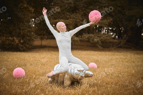 Preview: Young hairless girl with alopecia in white cloth sits on tardigrade figure in fall park