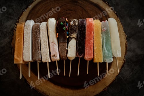 Preview: Assorted colorful popsicles arranged on a wooden slice against a dark background