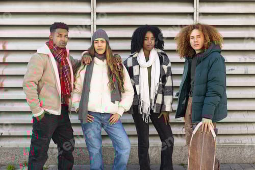 Preview: Group of young stylish people posing together outdoors in winter
