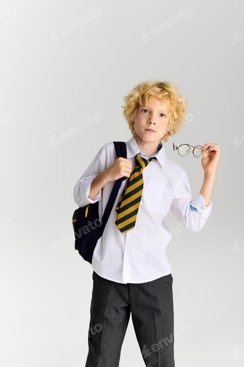 Preview: Blonde schoolboy ready for class with a backpack and glasses in a studio setting