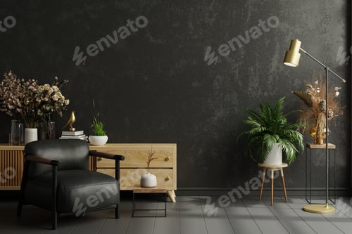 Preview: Interior wall mockup in dark tones with leather armchair on black wall background
