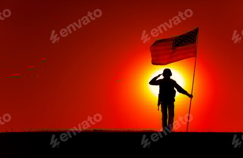 Preview: Silhouette of Soldier Saluting with Flag at Sunset