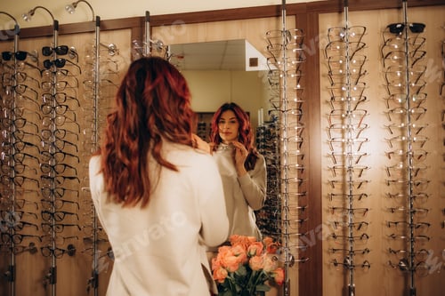 Preview: A young woman chooses glasses in an optical store. Stand with glasses. Vision correction.