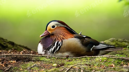 Preview: Elegant male mandarin duck sitting on the ground in summer from low angle view