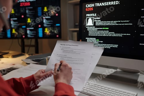 Preview: Man Reviewing Security Documents in Scam Call Center