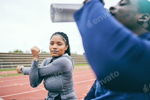 Preview: Running, sports and black woman stretching on race track for exercise, marathon training and fitnes