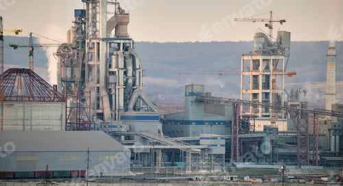 Preview: Cement plant with high factory structure and tower cranes at industrial production area. Manufacture