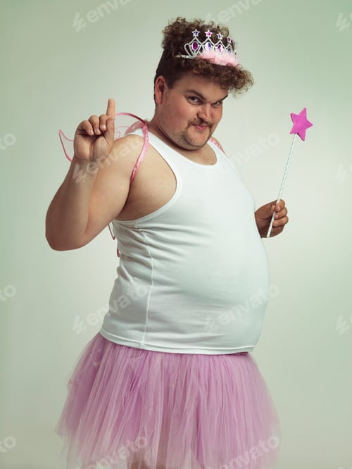 Preview: Ive got something for you. Shot of an obese man wearing a fairy costume.