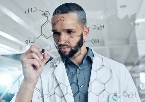 Preview: Science, glass board and man writing a chemistry equation, formula or algorithm for medical researc
