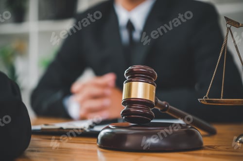 Preview: Law theme, mallet of the judge, law enforcement officers, evidence-based cases and documents