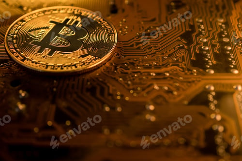 Preview: Golden coins with bitcoin symbol on a main board computer.