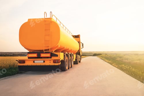Preview: Modern yellow truck on country road. Space for text