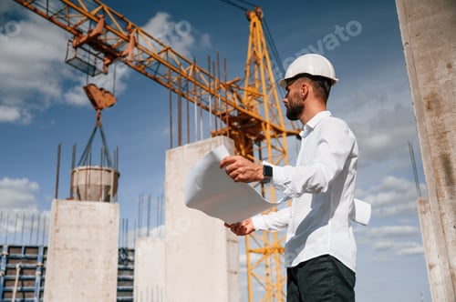 Preview: With plan in hands. Man in uniform is working on the construction site