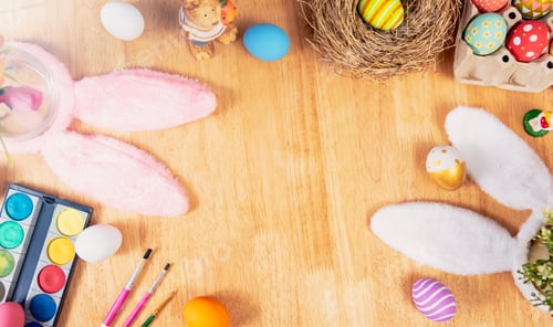 Preview: Happy easter, Easter painted eggs on wooden rustic table for your decoration in holiday.