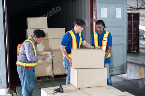 Preview: Workers open steel 40 feet container doors carry box supervisor standing check paper checklist