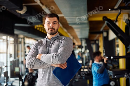 Preview: Portrait of professional fitness coach in a gym looking at camera.