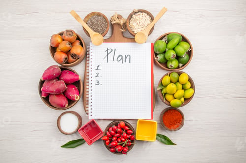 Preview: top view different fresh fruits inside plates on white background tropical ripe color diet mellow