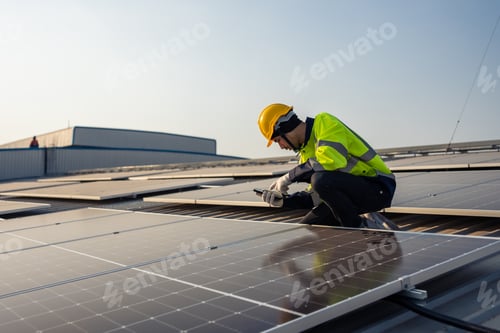 Preview: Technician Inspecting Solar Panels on a Rooftop