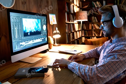 Preview: Male videographer editor using pc computer editing footage at home office.