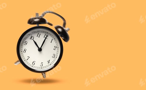 Preview: Black alarm clock ringing and jumping on orange background. Banner design with space for text