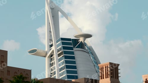 Preview: Dubai city architecture under blue sky. Action. High rise buildings in the city center.