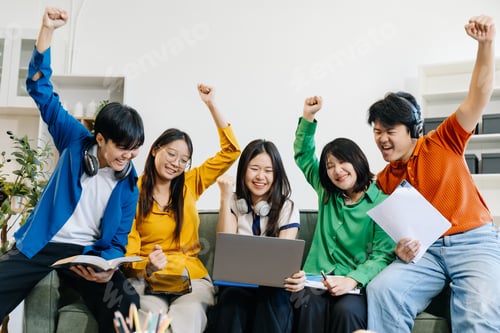 Preview: Happy group of college students excited overjoyed examination results with good news over