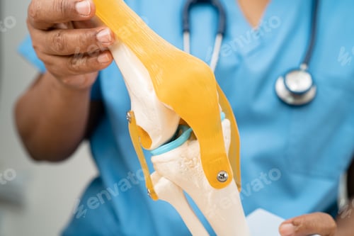 Preview: Osteoarthritis of the knee, Doctor holding human knee joint orthopedic anatomy model in hospital.