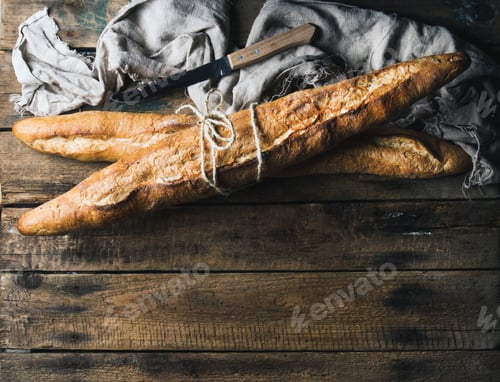 Preview: French baguettes on rough rustic wooden background