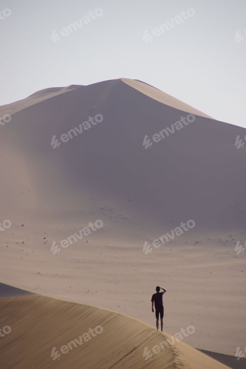 Preview: Lone person standing on a sand dune in a desert landscape
