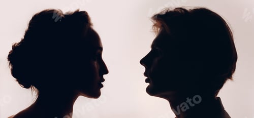 Preview: Pair couple man and woman profile portrait face to face. Family psychologist and healthy